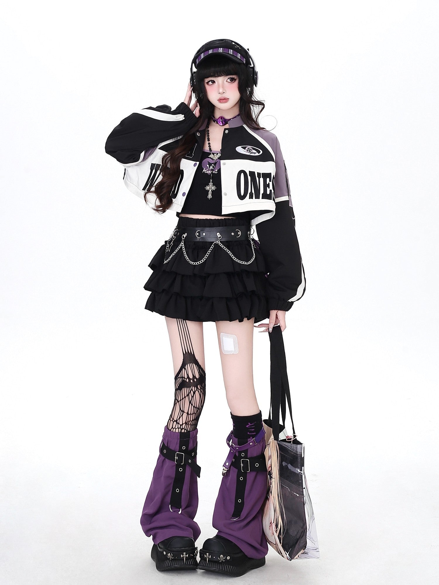 Crazy Girl Retro Patchwork Biker Stand Collar Zipper Women&