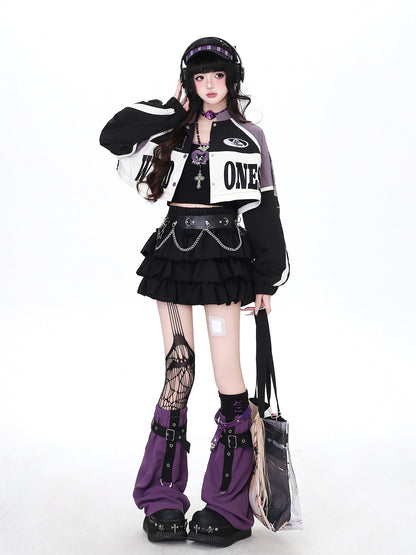 Crazy Girl Retro Patchwork Biker Stand Collar Zipper Women&