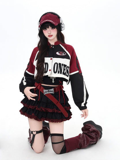 Crazy Girl Retro Patchwork Biker Stand Collar Zipper Women&