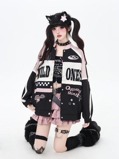 Crazy Girl Retro Patchwork Biker Stand Collar Zipper Women&