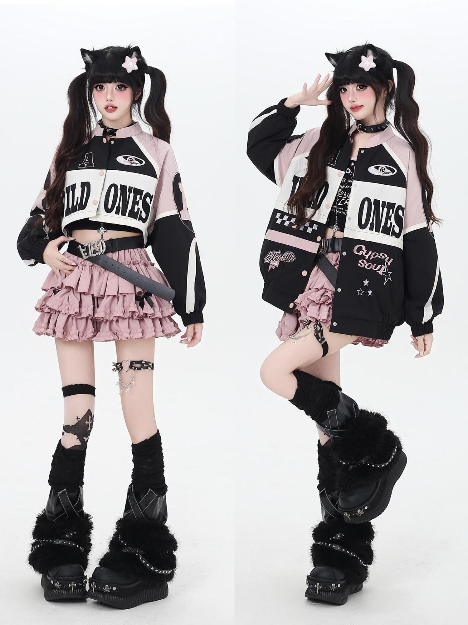 Crazy Girl Retro Patchwork Biker Stand Collar Zipper Women&