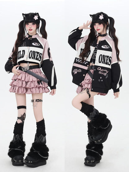 Crazy Girl Retro Patchwork Biker Stand Collar Zipper Women&