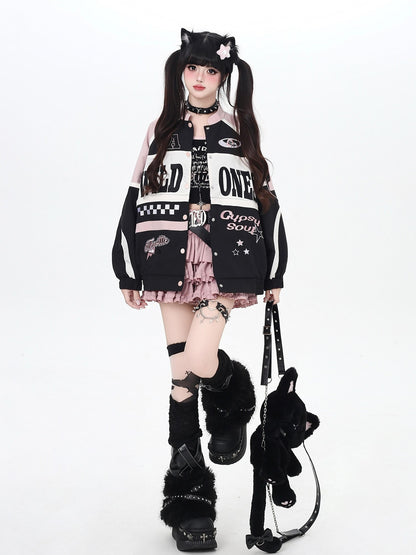 Crazy Girl Retro Patchwork Biker Stand Collar Zipper Women&