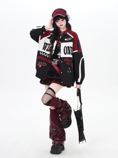 Crazy Girl Retro Patchwork Biker Stand Collar Zipper Women&