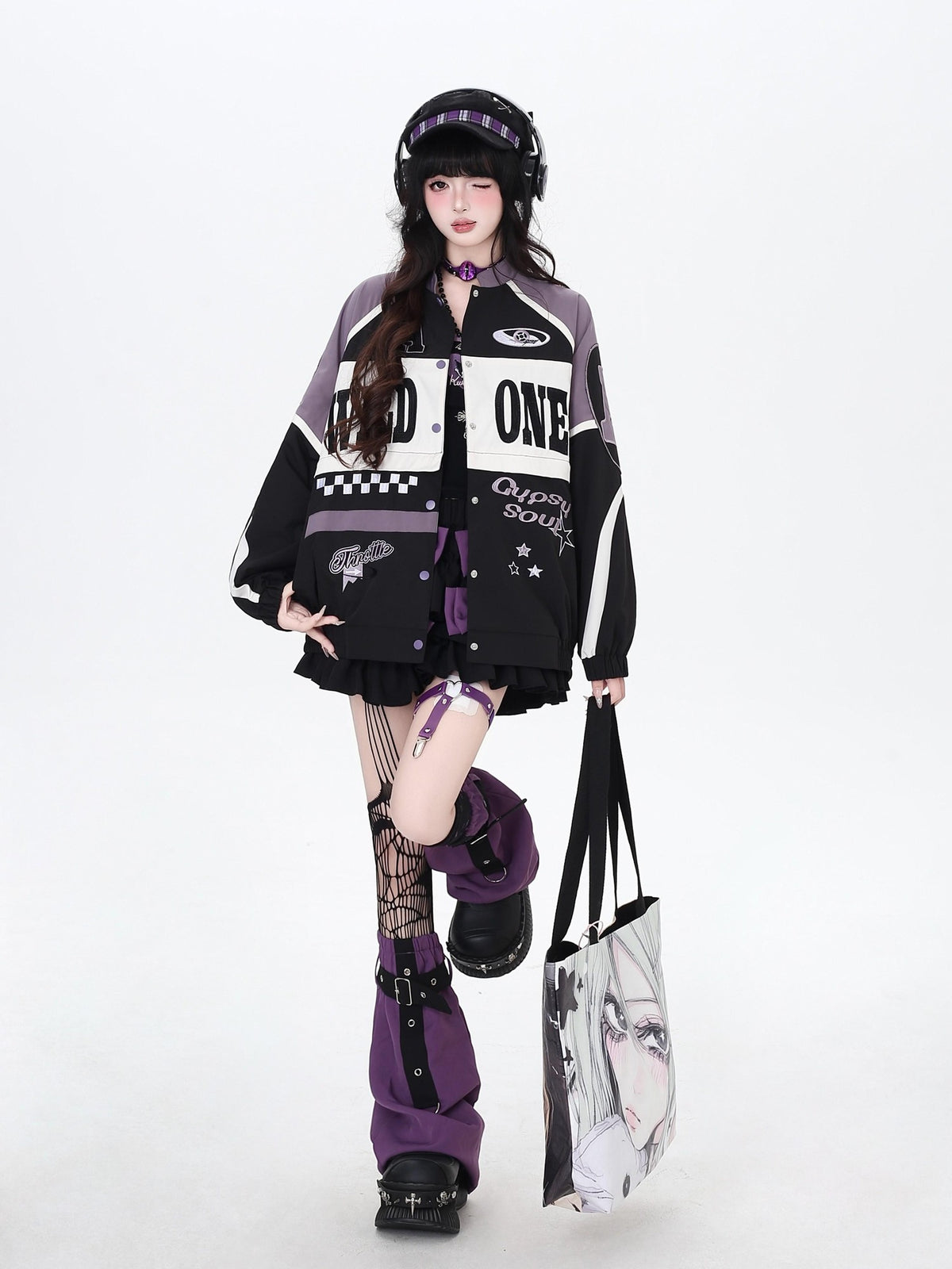Crazy Girl Retro Patchwork Biker Stand Collar Zipper Women&