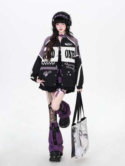Crazy Girl Retro Patchwork Biker Stand Collar Zipper Women&