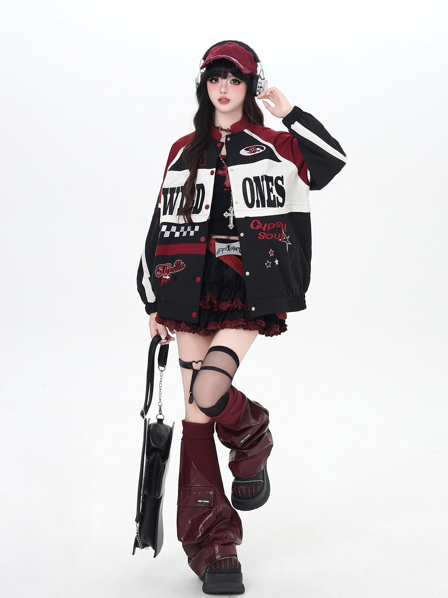 Crazy Girl Retro Patchwork Biker Stand Collar Zipper Women&
