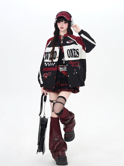Crazy Girl Retro Patchwork Biker Stand Collar Zipper Women&