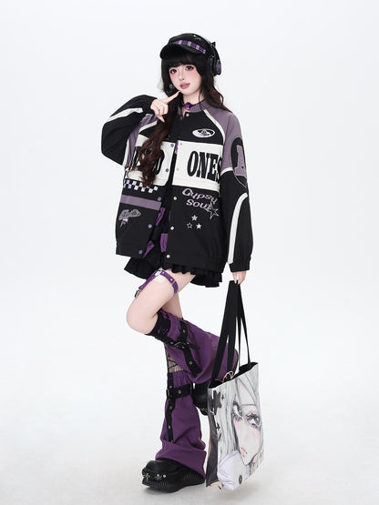 Crazy Girl Retro Patchwork Biker Stand Collar Zipper Women&
