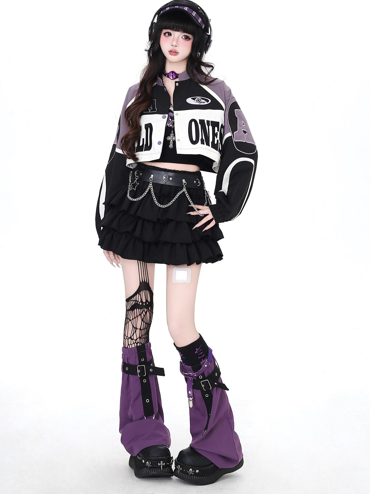 Crazy Girl Retro Patchwork Biker Stand Collar Zipper Women&