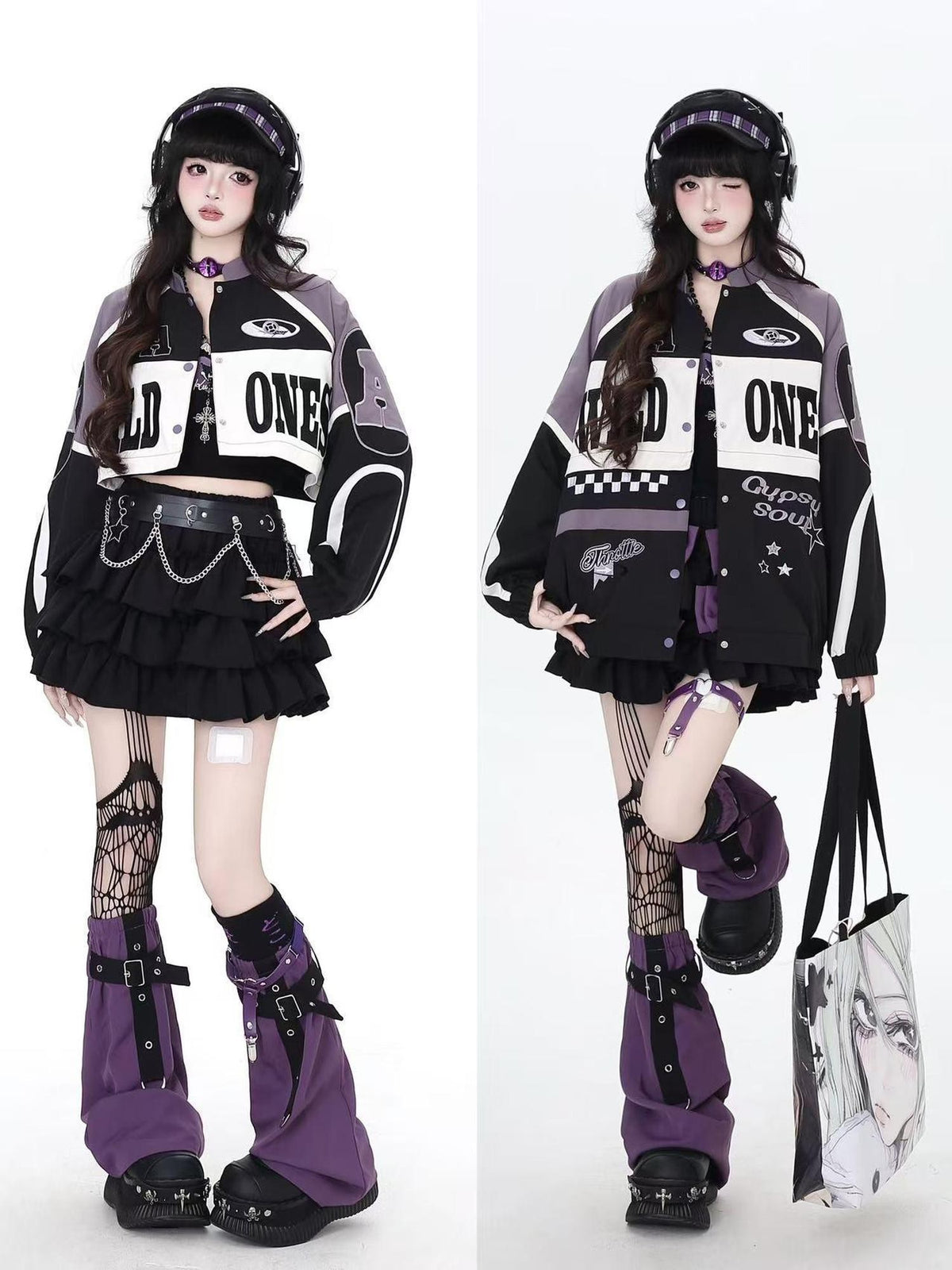 Crazy Girl Retro Patchwork Biker Stand Collar Zipper Women&