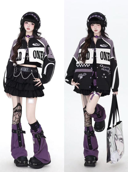 Crazy Girl Retro Patchwork Biker Stand Collar Zipper Women&
