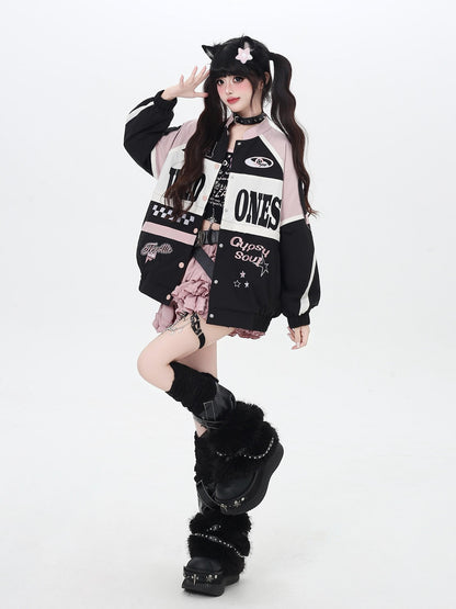 Crazy Girl Retro Patchwork Biker Stand Collar Zipper Women&