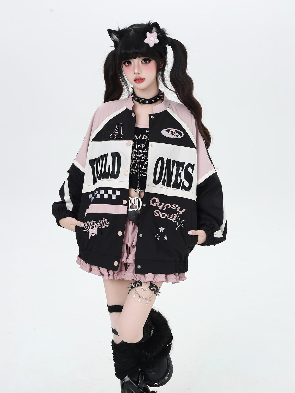 Crazy Girl Retro Patchwork Biker Stand Collar Zipper Women&