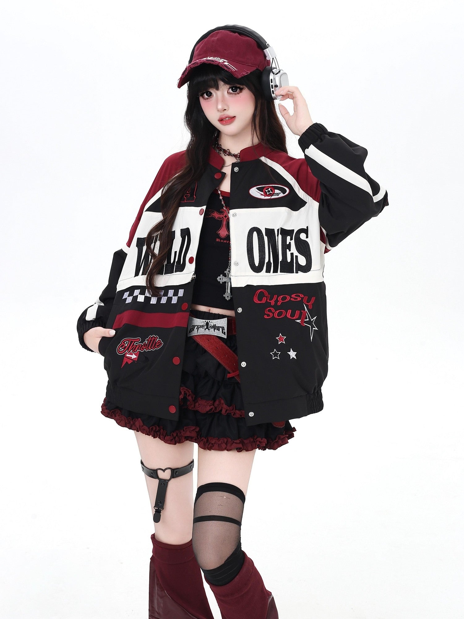 Crazy Girl Retro Patchwork Biker Stand Collar Zipper Women&
