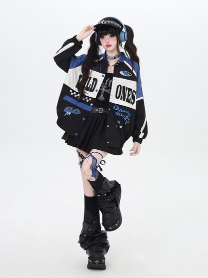 Crazy Girl Retro Patchwork Biker Stand Collar Zipper Women&