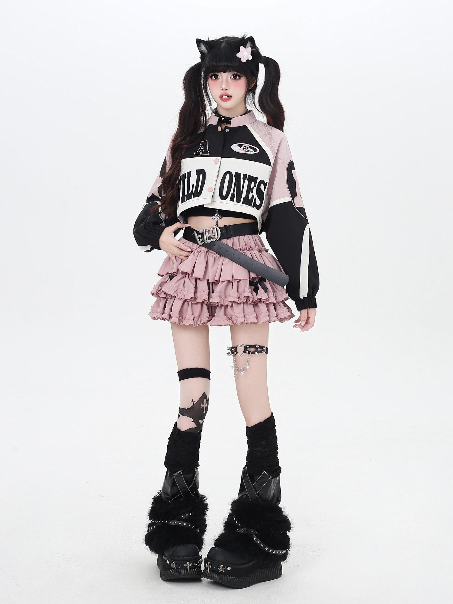 Crazy Girl Retro Patchwork Biker Stand Collar Zipper Women&