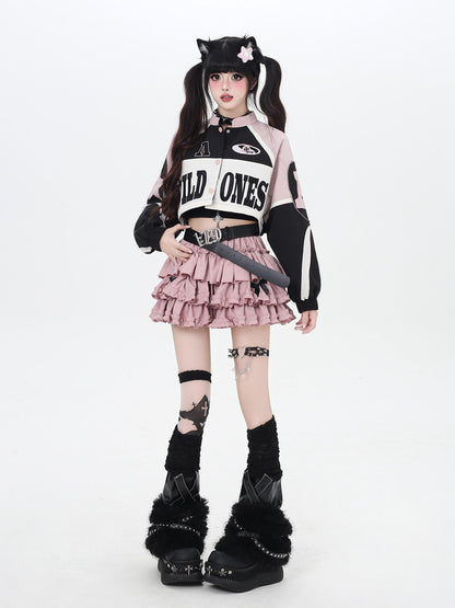 Crazy Girl Retro Patchwork Biker Stand Collar Zipper Women&