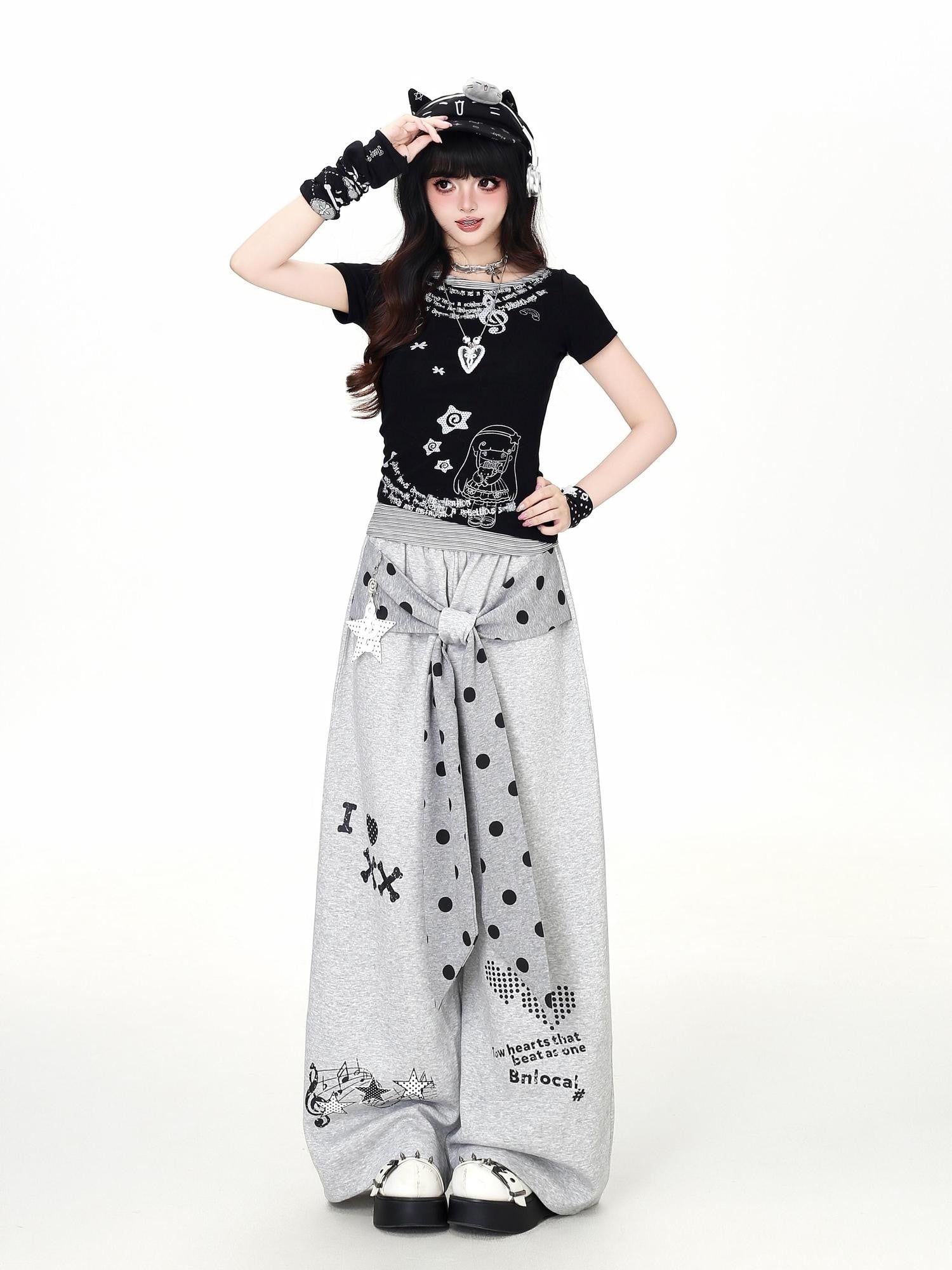 Crazy Girl Retro Polka Dot Bow Faux Two Piece High Waist Women&