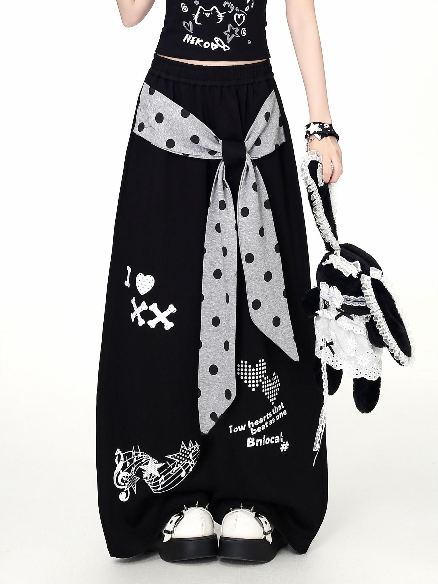 Crazy Girl Retro Polka Dot Bow Faux Two Piece High Waist Women&