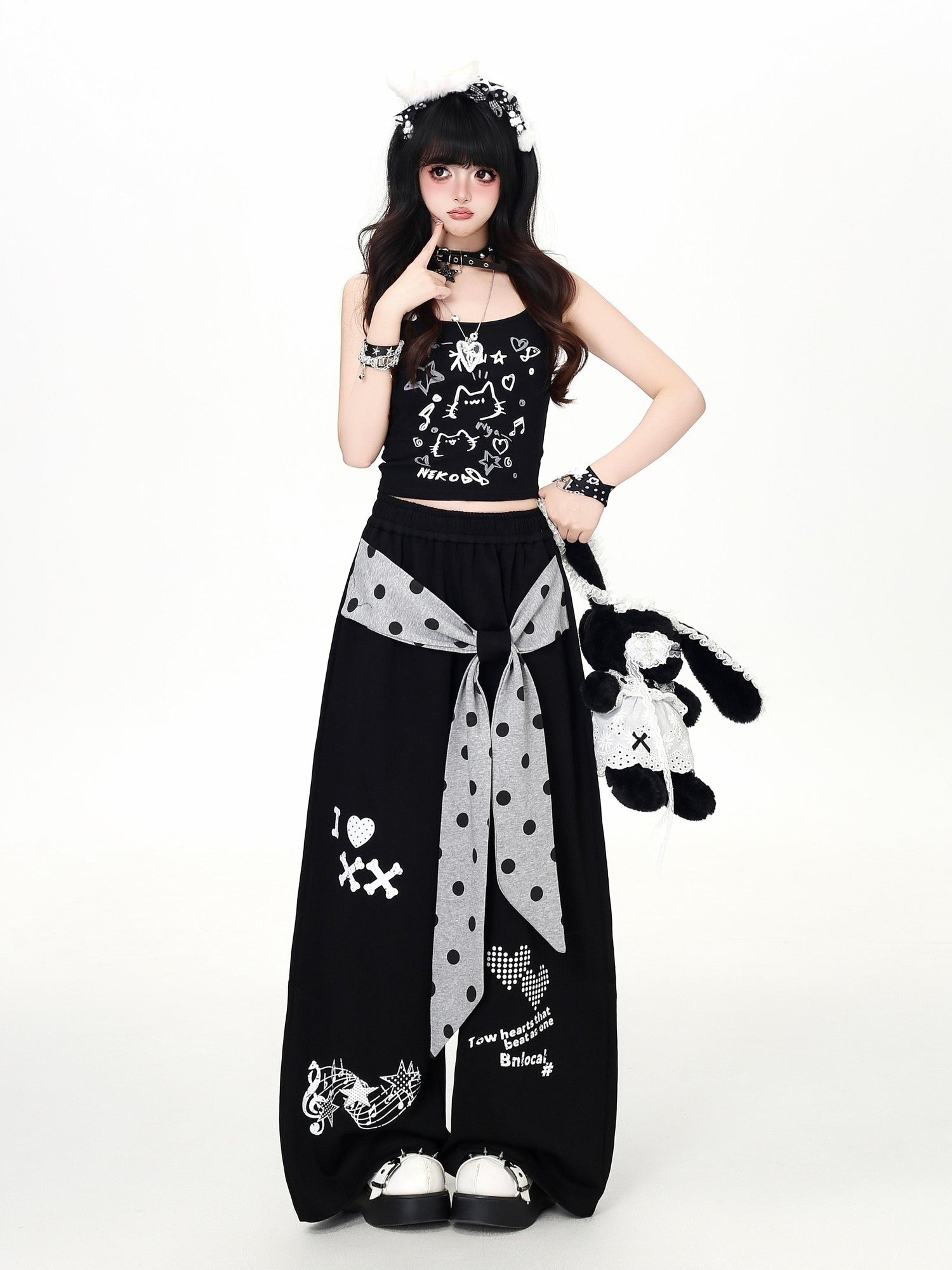 Crazy Girl Retro Polka Dot Bow Faux Two Piece High Waist Women&