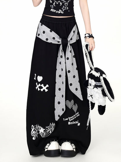 Crazy Girl Retro Polka Dot Bow Faux Two Piece High Waist Women&