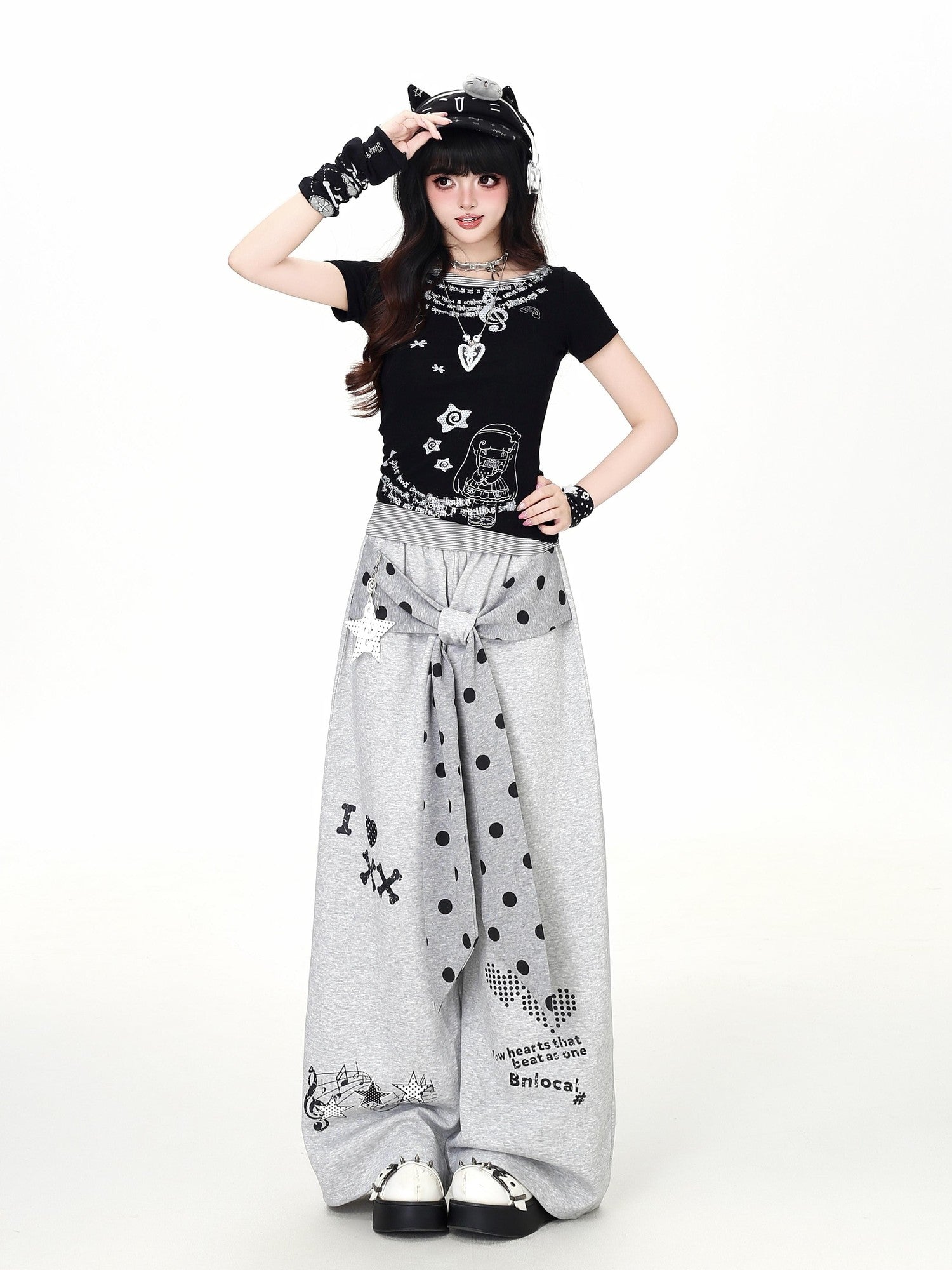 Crazy Girl Retro Polka Dot Bow Faux Two Piece High Waist Women&
