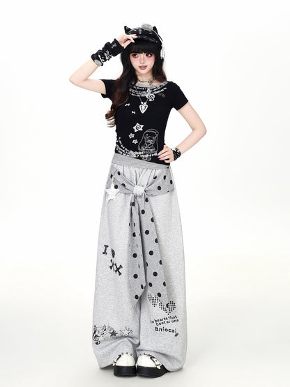 Crazy Girl Retro Polka Dot Bow Faux Two Piece High Waist Women&