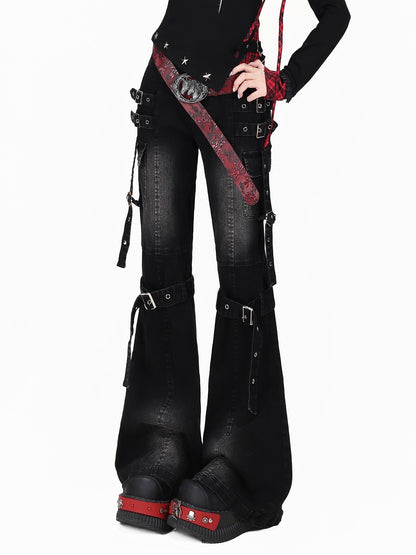 Crazy Girl Retro Punk High Waist Washed Micro Flare Slimming Women&