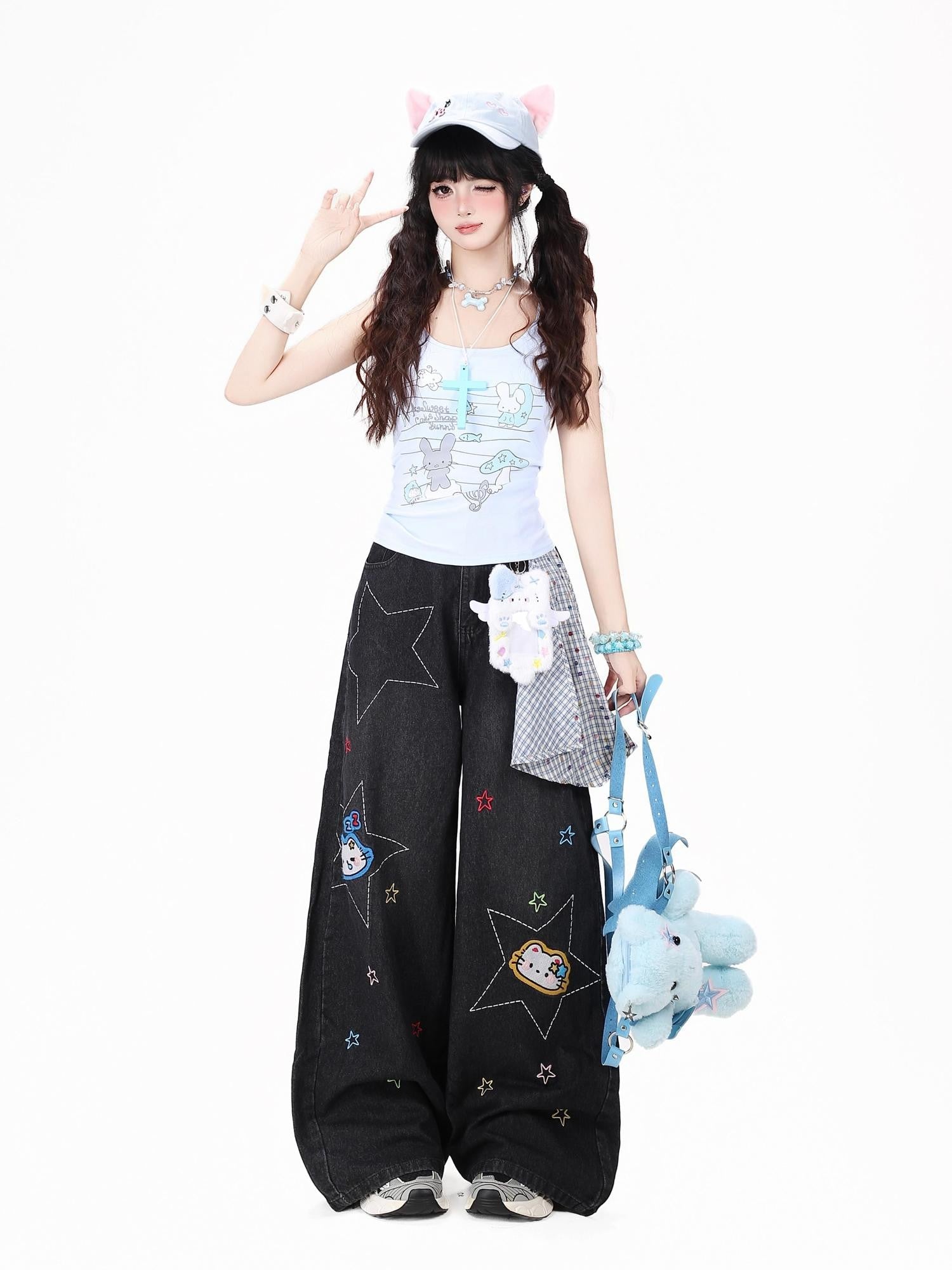 Crazy Girl Retro Star Embroidered Kt Patch Ripped High Waist Women&