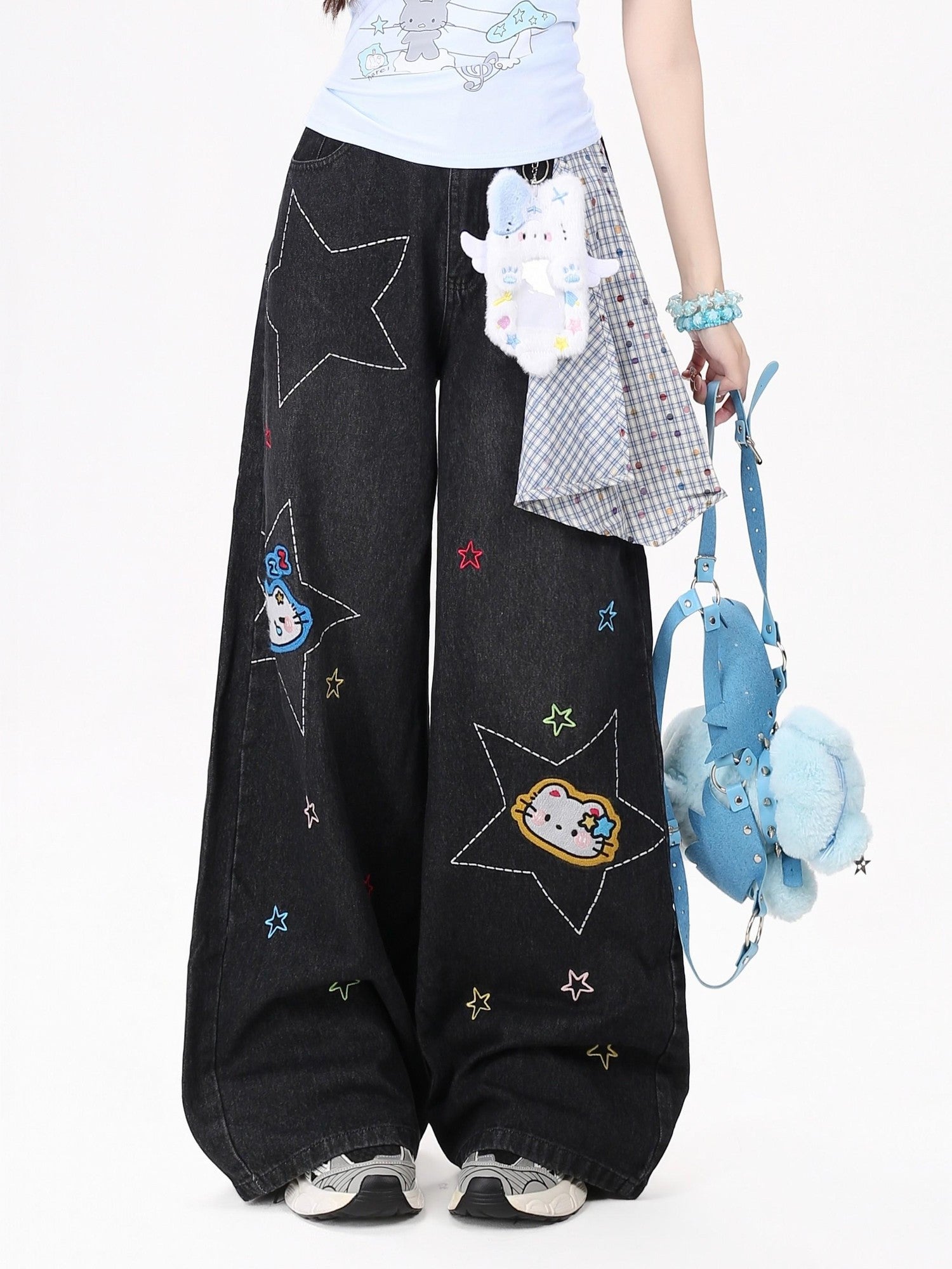 Crazy Girl Retro Star Embroidered Kt Patch Ripped High Waist Women&