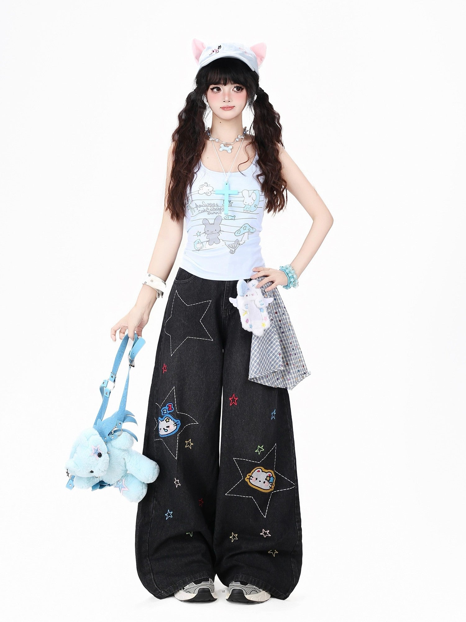 Crazy Girl Retro Star Embroidered Kt Patch Ripped High Waist Women&