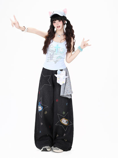 Crazy Girl Retro Star Embroidered Kt Patch Ripped High Waist Women&