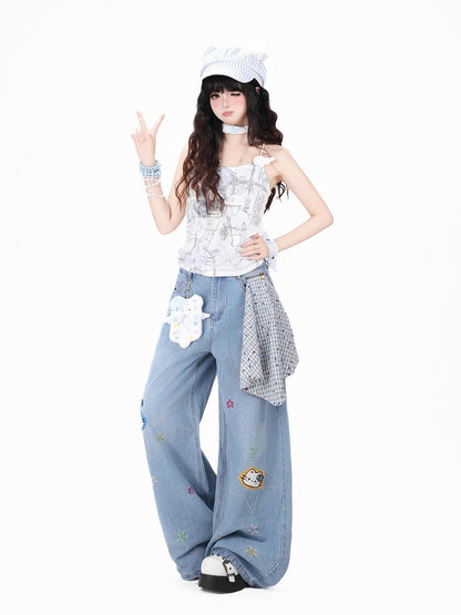 Crazy Girl Retro Star Embroidered Kt Patch Ripped High Waist Women&