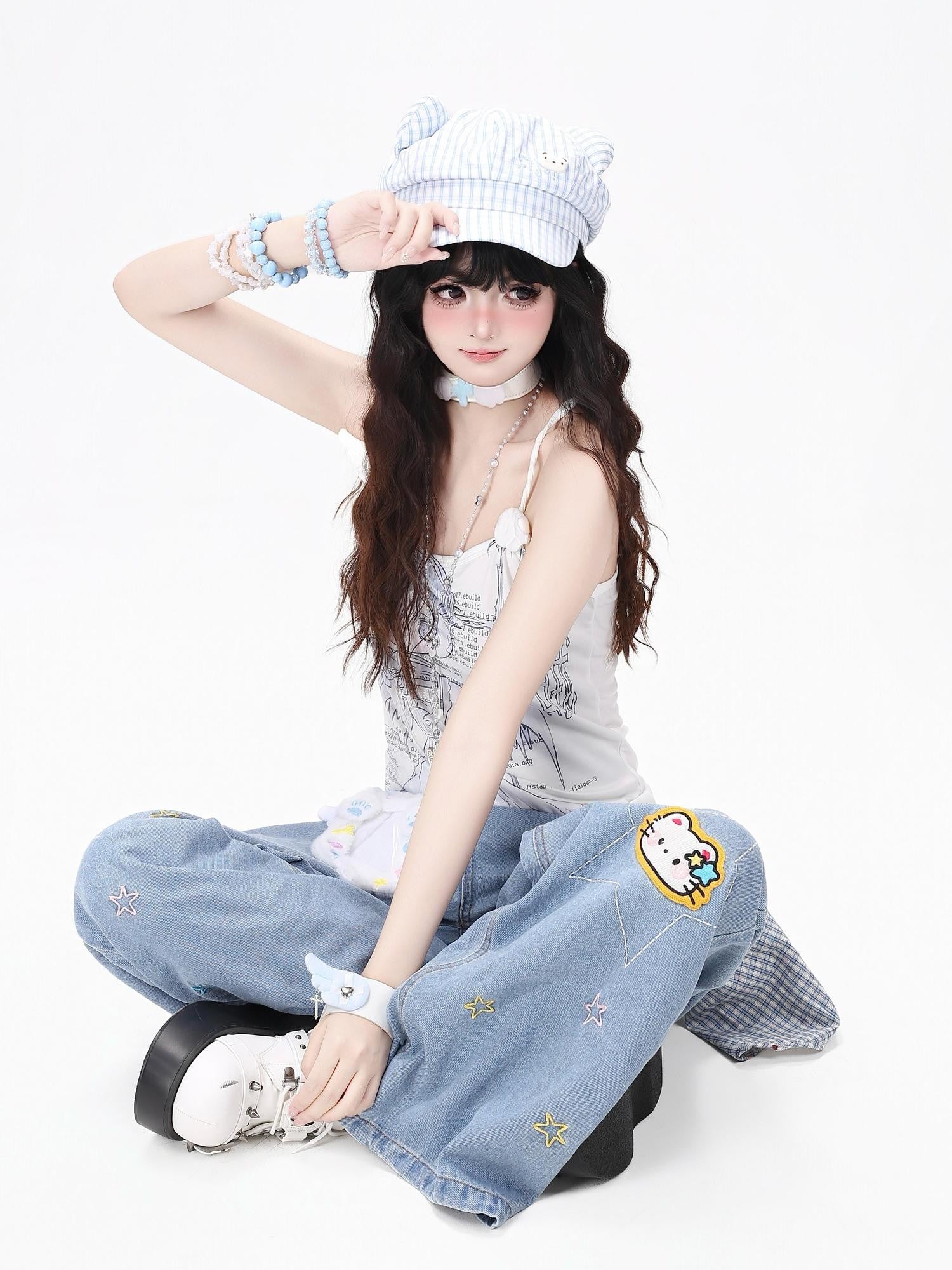 Crazy Girl Retro Star Embroidered Kt Patch Ripped High Waist Women&