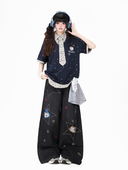 Crazy Girl Retro Star Embroidered Kt Patch Ripped High Waist Women&