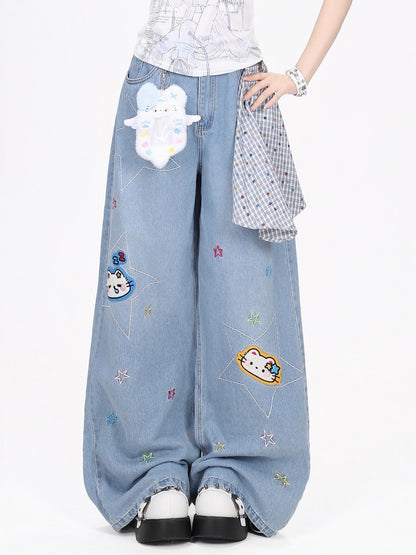 Crazy Girl Retro Star Embroidered Kt Patch Ripped High Waist Women&