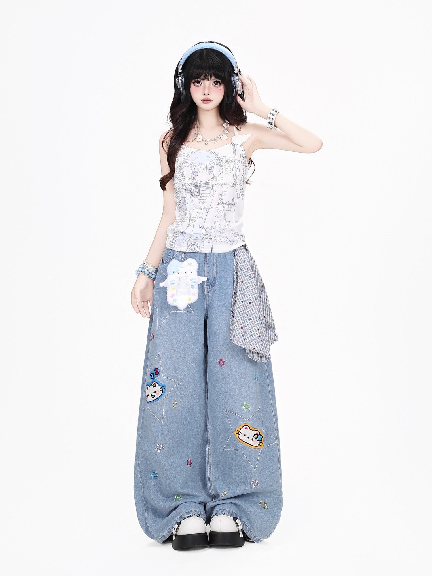 Crazy Girl Retro Star Embroidered Kt Patch Ripped High Waist Women&