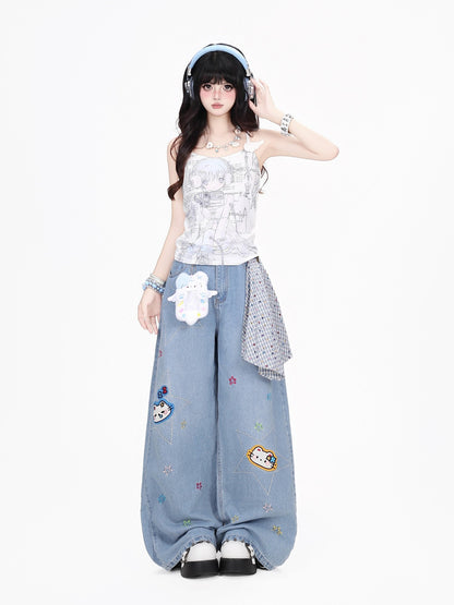 Crazy Girl Retro Star Embroidered Kt Patch Ripped High Waist Women&