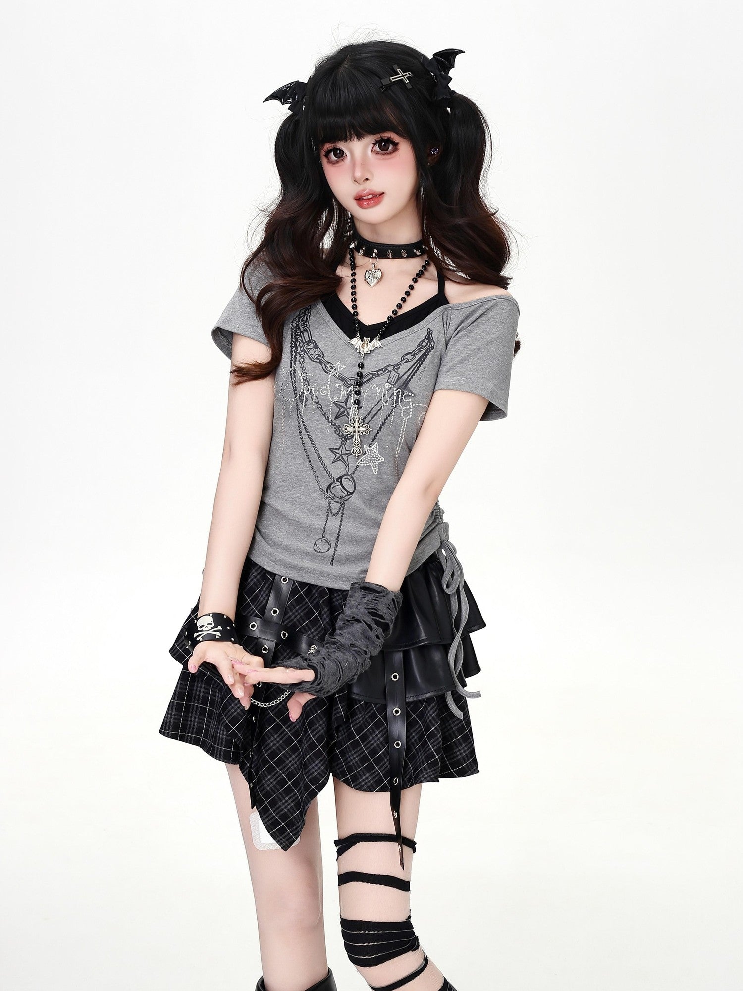 Crazy Girl Rhinestone Necklace Print Layered Halter Waist Women&