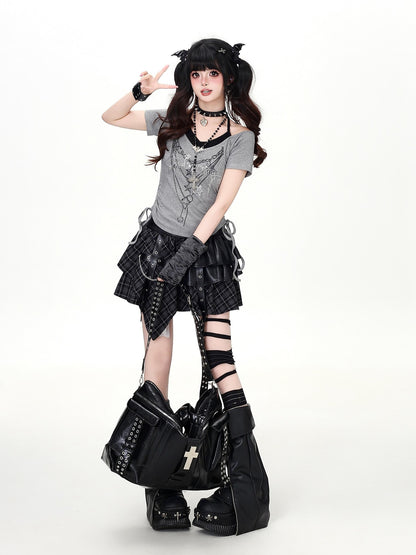 Crazy Girl Rhinestone Necklace Print Layered Halter Waist Women&