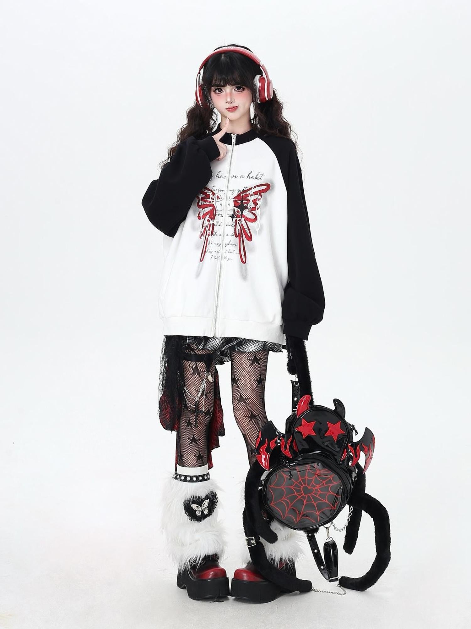 Crazy Girl Rose Butterfly Print High Neck Black White Colorblock Women&
