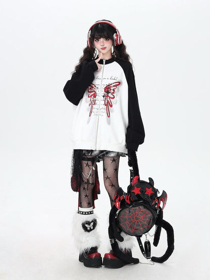 Crazy Girl Rose Butterfly Print High Neck Black White Colorblock Women&