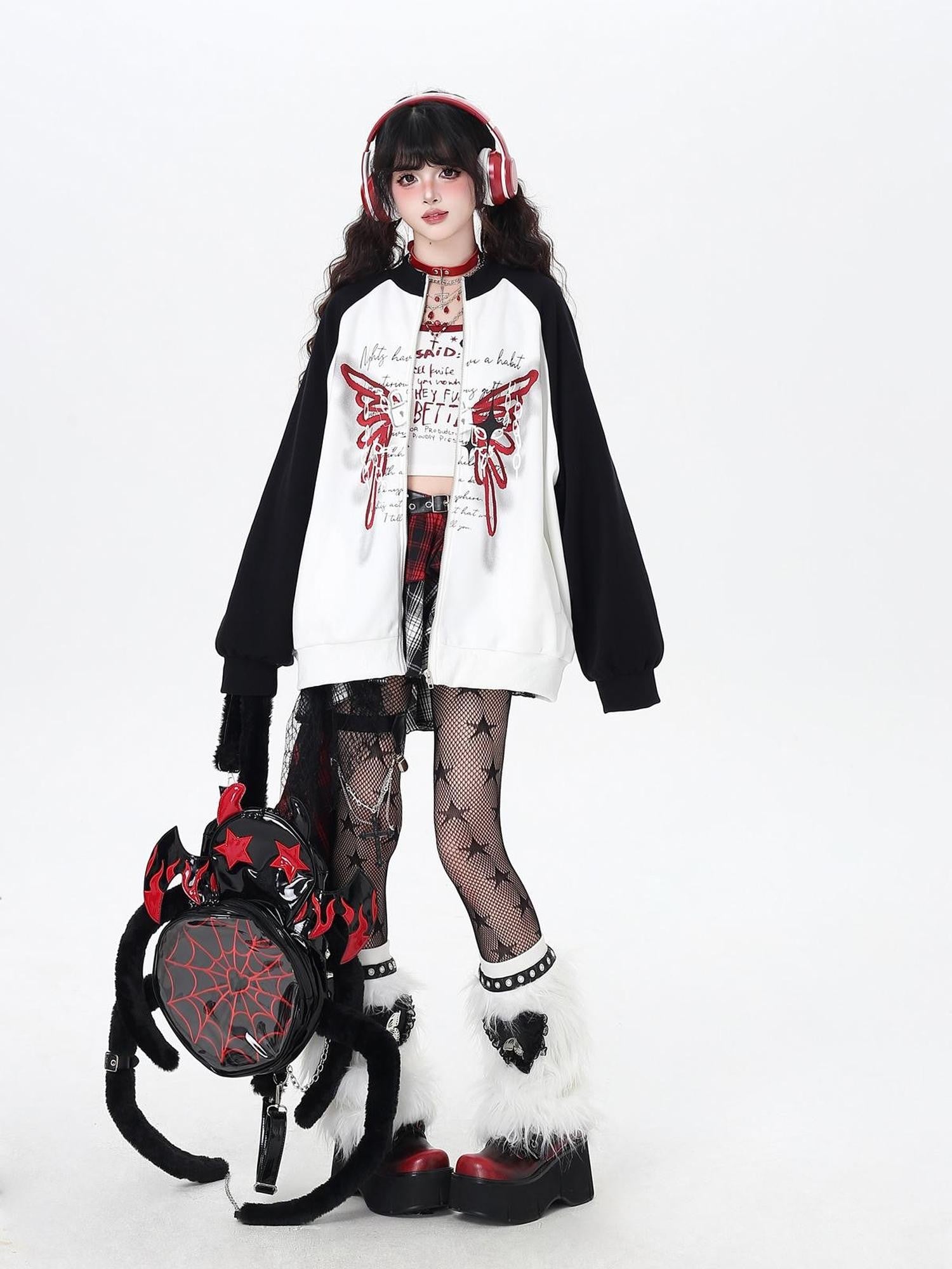 Crazy Girl Rose Butterfly Print High Neck Black White Colorblock Women&