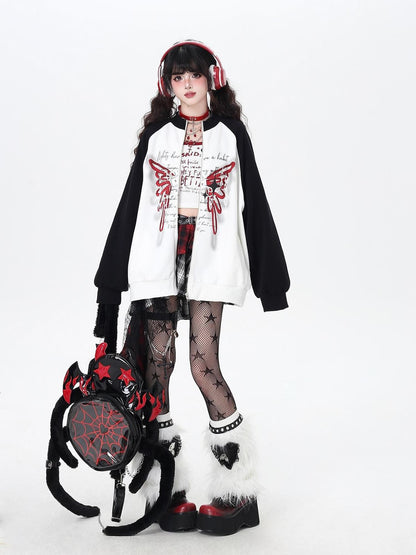 Crazy Girl Rose Butterfly Print High Neck Black White Colorblock Women&