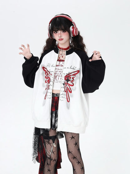 Crazy Girl Rose Butterfly Print High Neck Black White Colorblock Women&