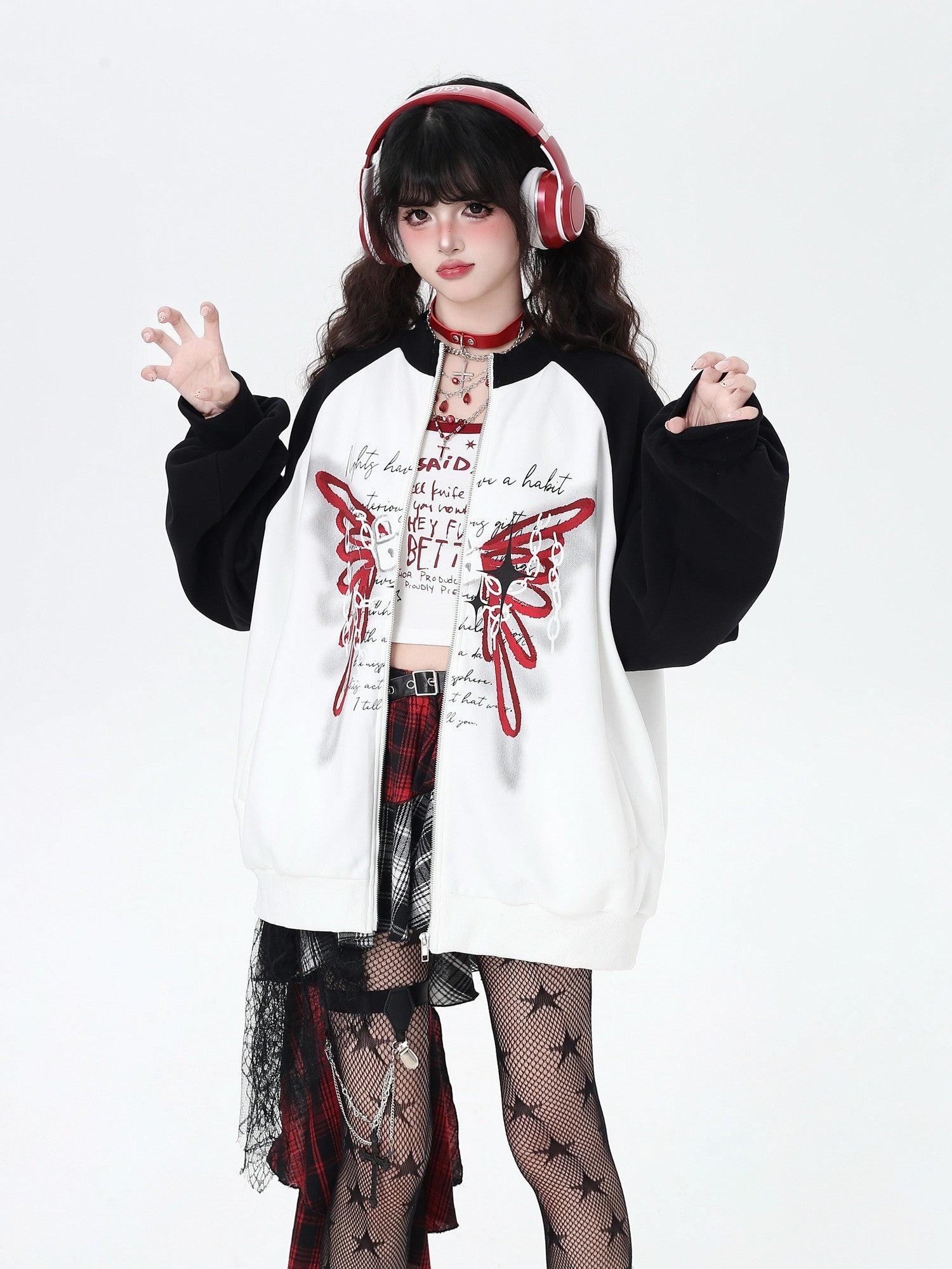 Crazy Girl Rose Butterfly Print High Neck Black White Colorblock Women&