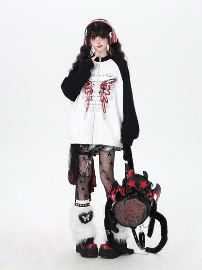 Crazy Girl Rose Butterfly Print High Neck Black White Colorblock Women&