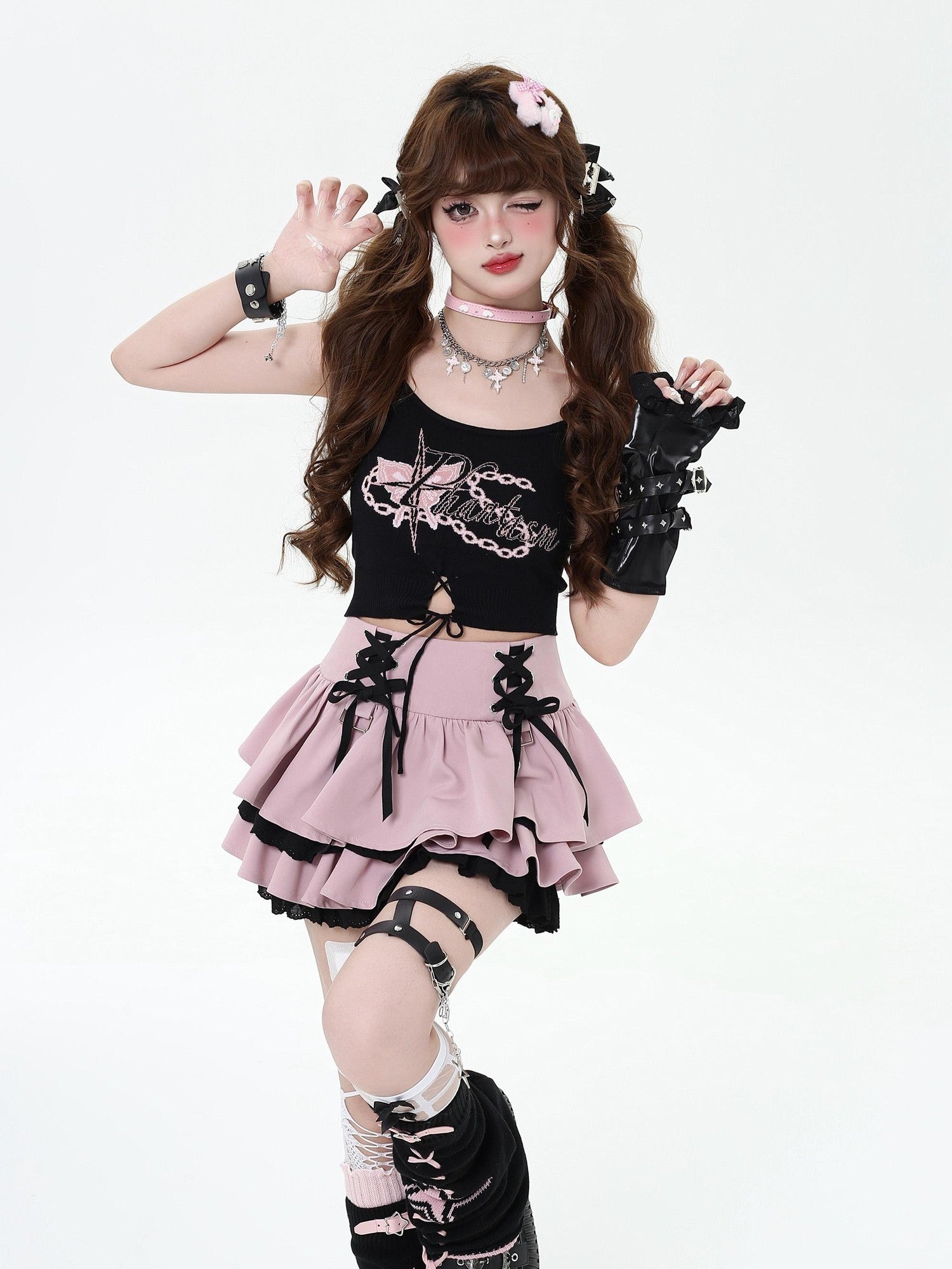 Crazy Girl Ruffled Lace Trim Tie Pleated Women&