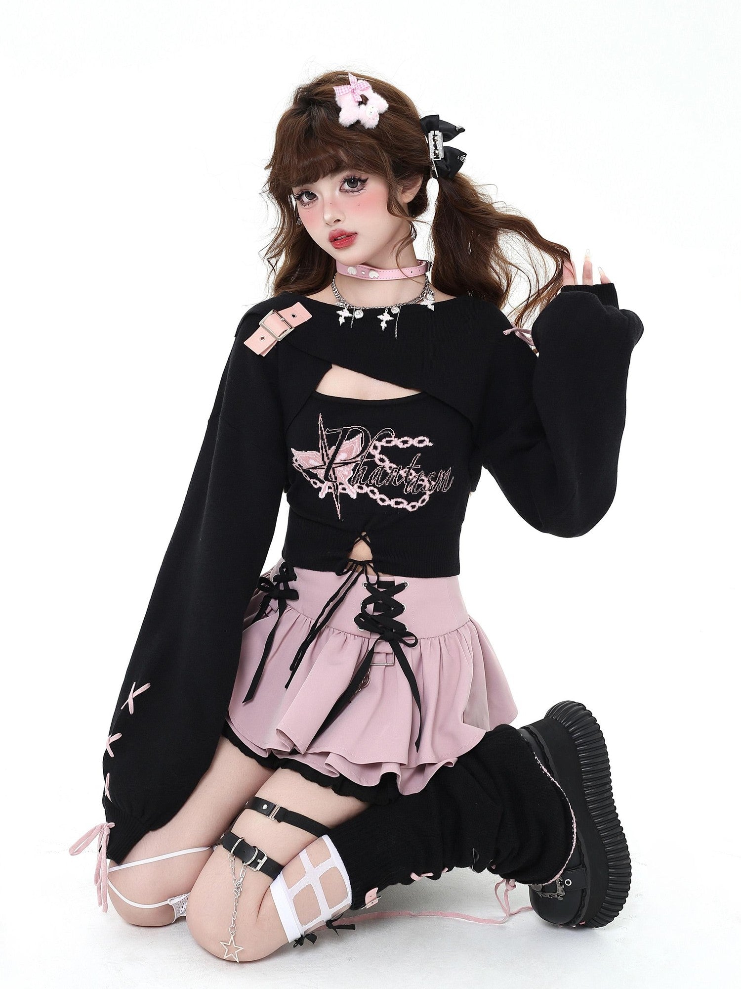 Crazy Girl Ruffled Lace Trim Tie Pleated Women&